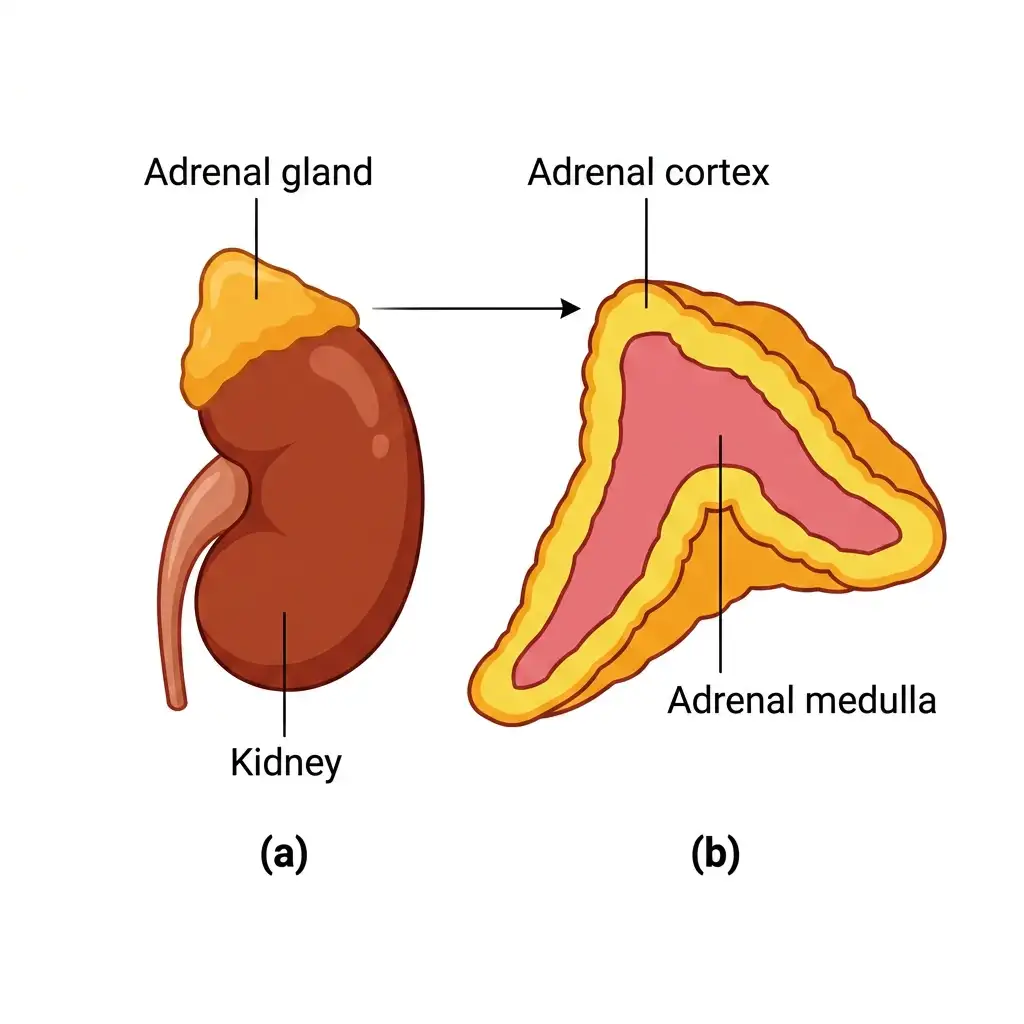Skeletal kidney with triangular adrenal gland, and a section detailing adrenal cortex and adrenal medulla.
