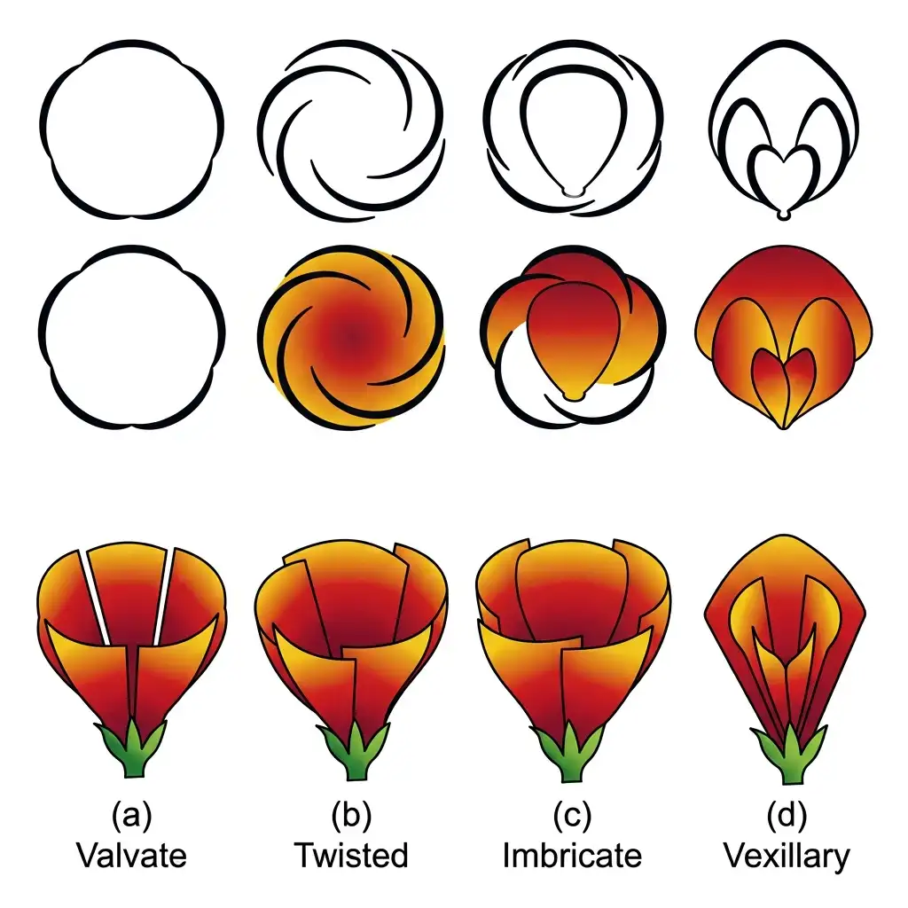 Vector diagram comparing four types of aestivation in corolla: valvate, twisted, imbricate, and vexillary.