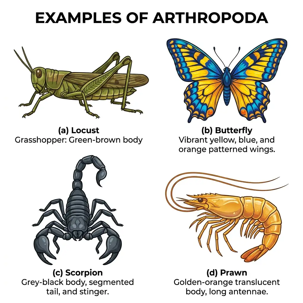 Vector illustration of representative Arthropoda members: Locust, Butterfly, Scorpion, and Prawn in a 2x2 grid.
