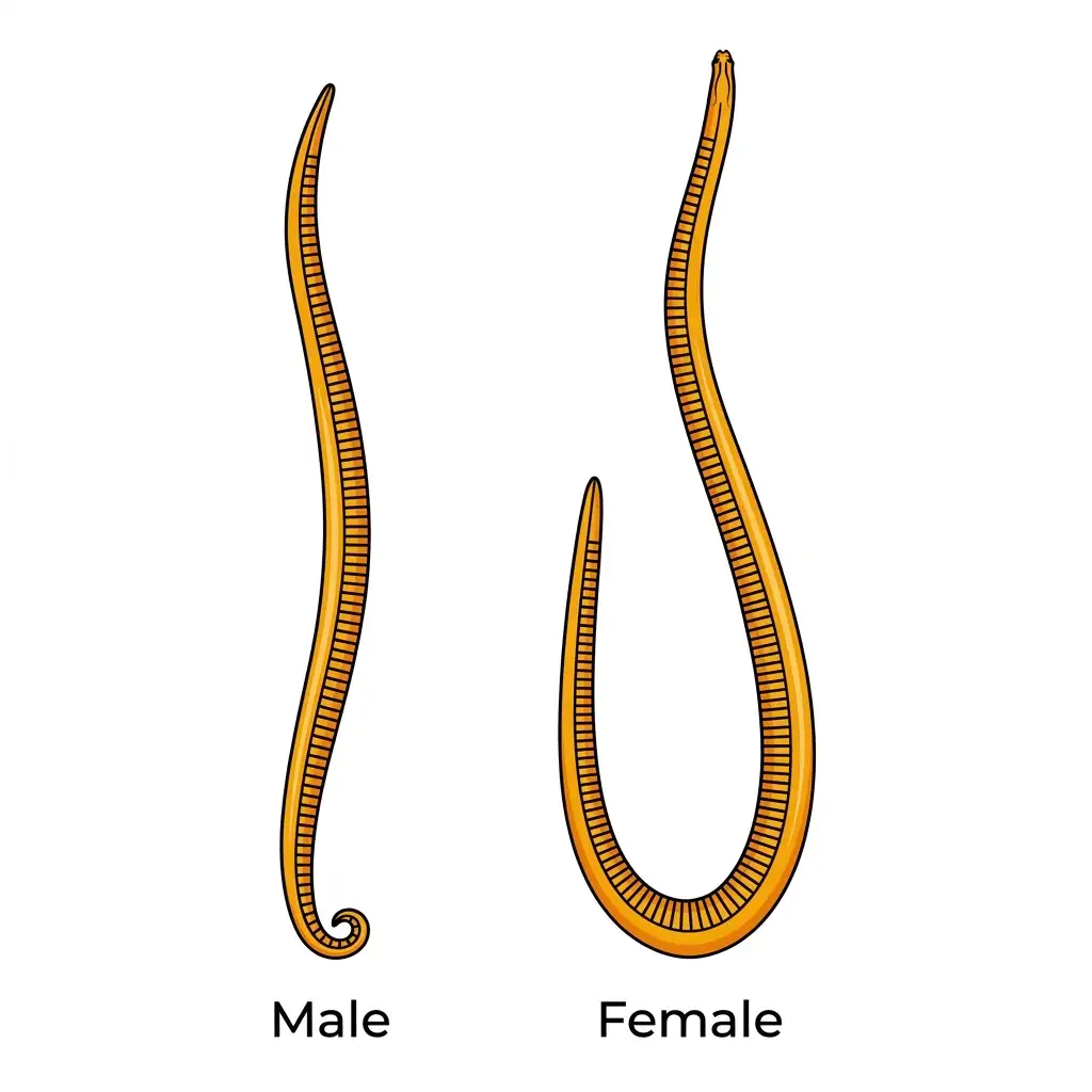 Vector biological diagram comparing male and female roundworms (Ascaris lumbricoides).
