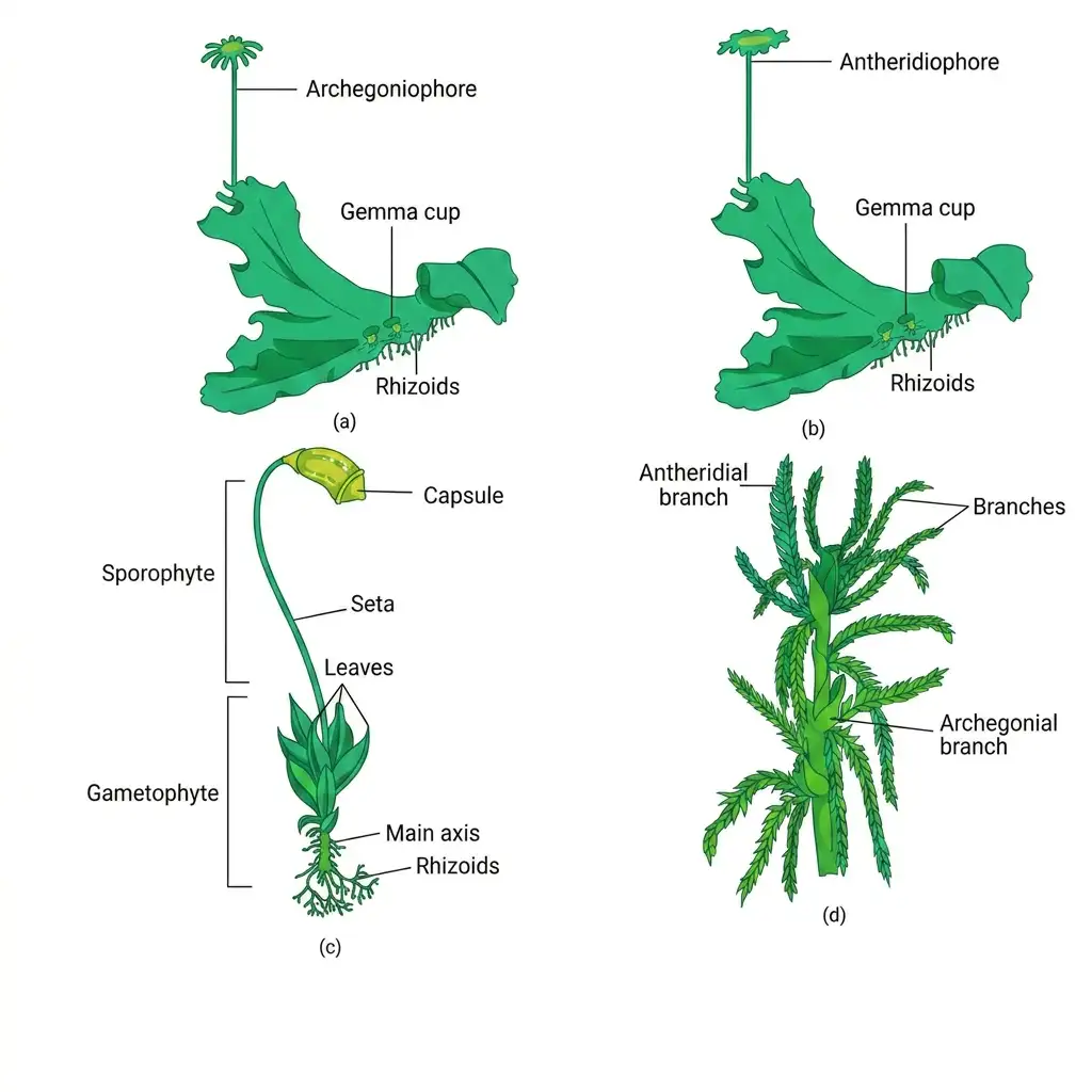 Detailed labeled anatomy diagram comparing Bryophyte representatives: Marchantia, Funaria, and Sphagnum.