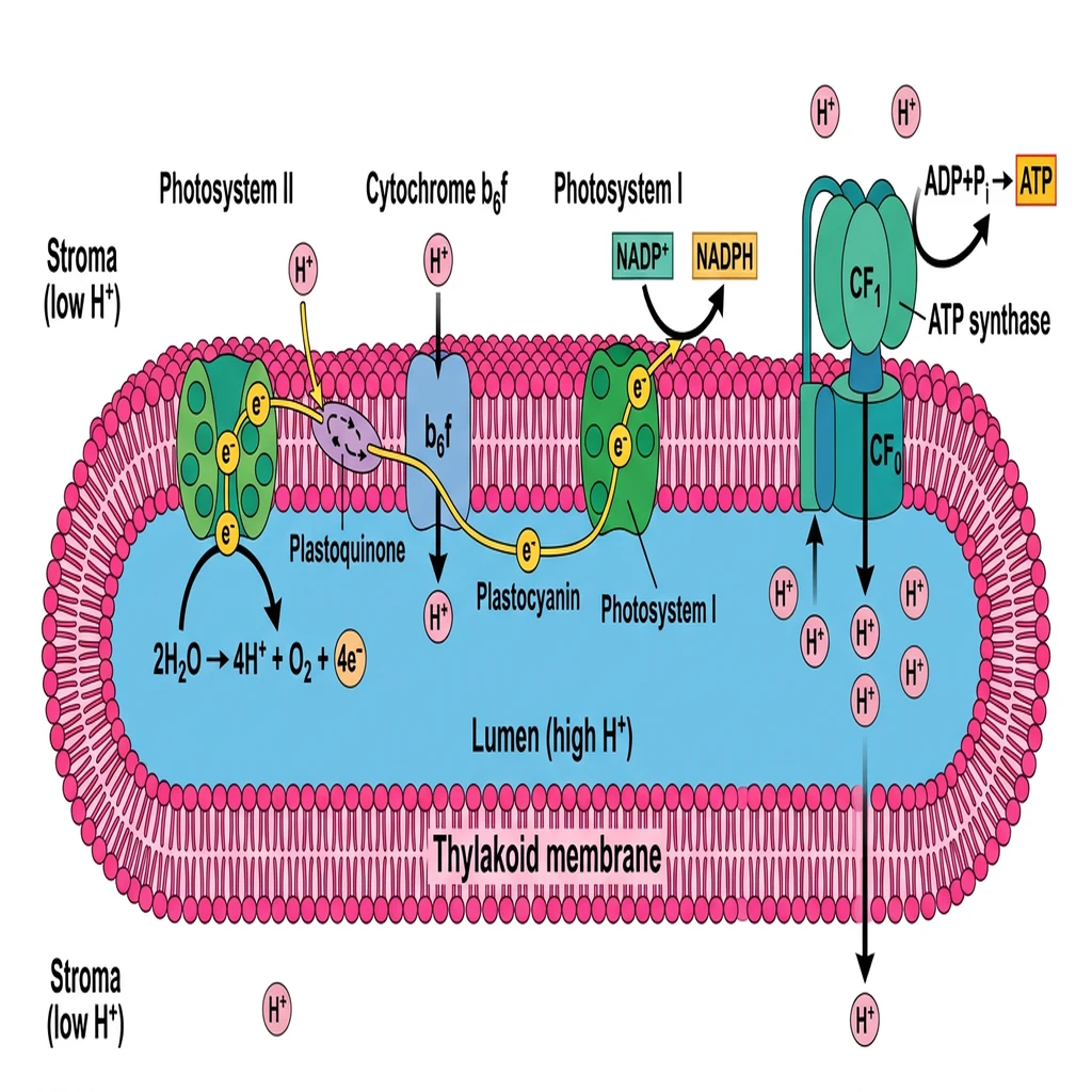 Vector diagram detailing chemiosmotic ATP synthesis across the thylakoid membrane with ATP synthase.