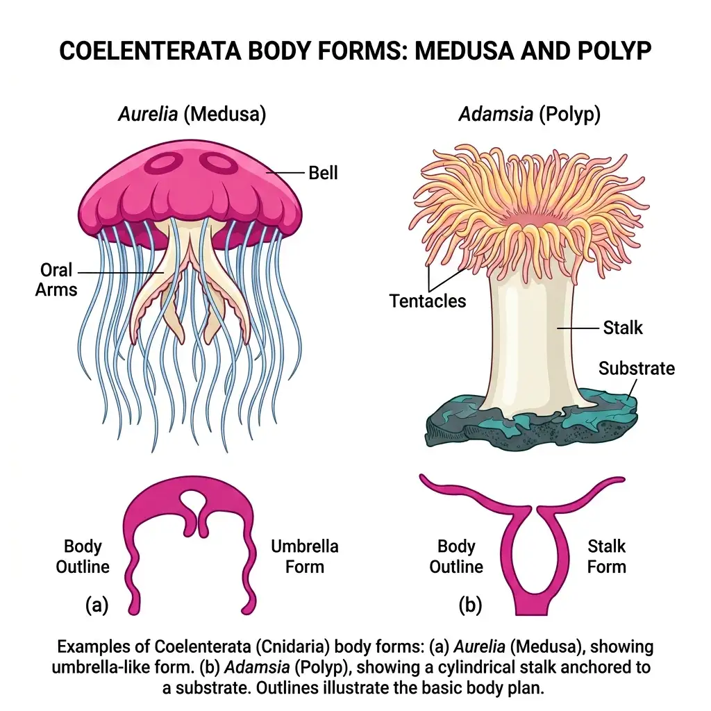 Anatomical outlines comparing body forms of Coelenterata: Aurelia (Medusa) and Adamsia (Polyp).