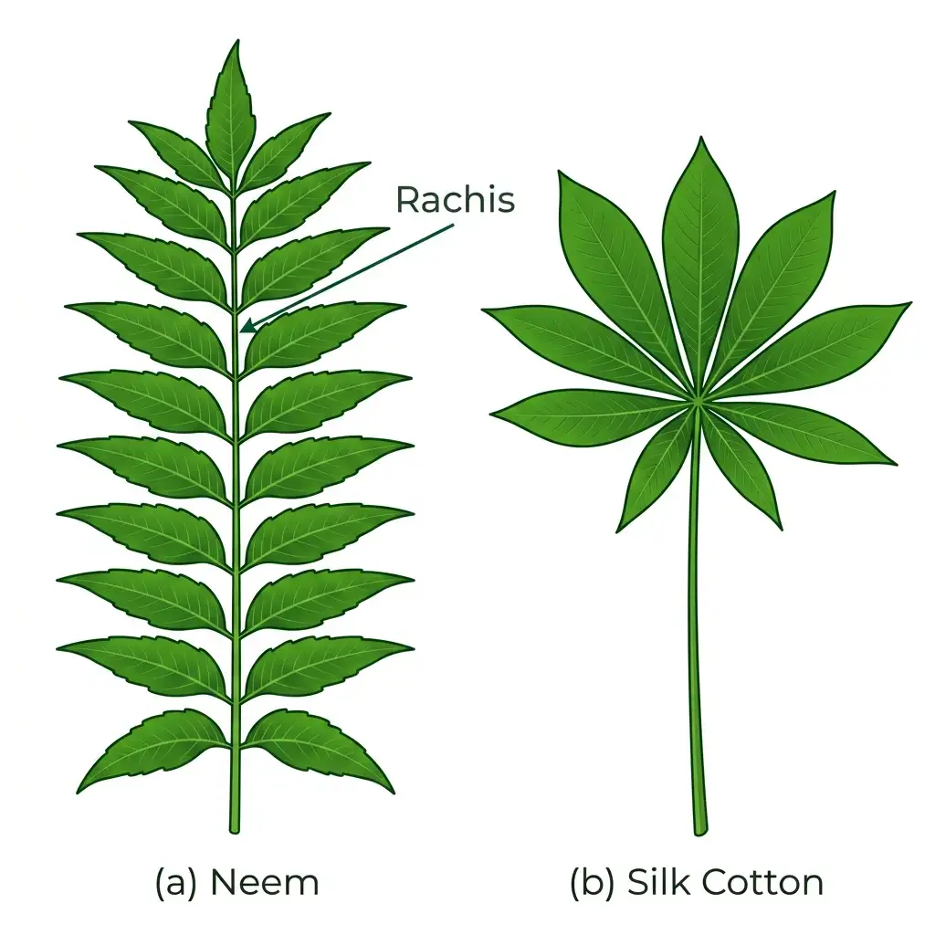 Vector biological diagram comparing a pinnately compound leaf (Neem) showing a rachis and palmately compound leaf (Silk Cotton).
