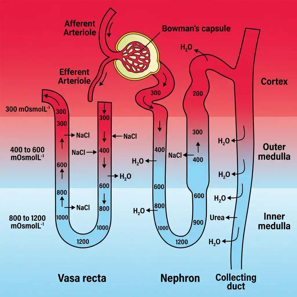 Schematic double circulation loop diagram showing the counter current multiplier mechanism between the nephron loop and vasa recta.