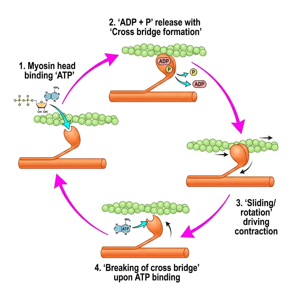 Flowchart diagram illustrating the cross-bridge cycle phases including formation, sliding, rotation, and breaking.