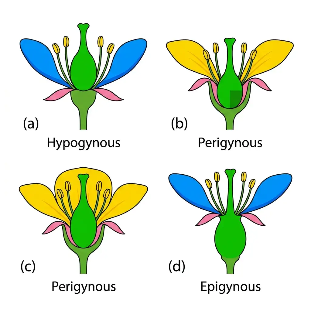 Educational vector diagram comparing hypogynous, perigynous, and epigynous floral structures on a thalamus.