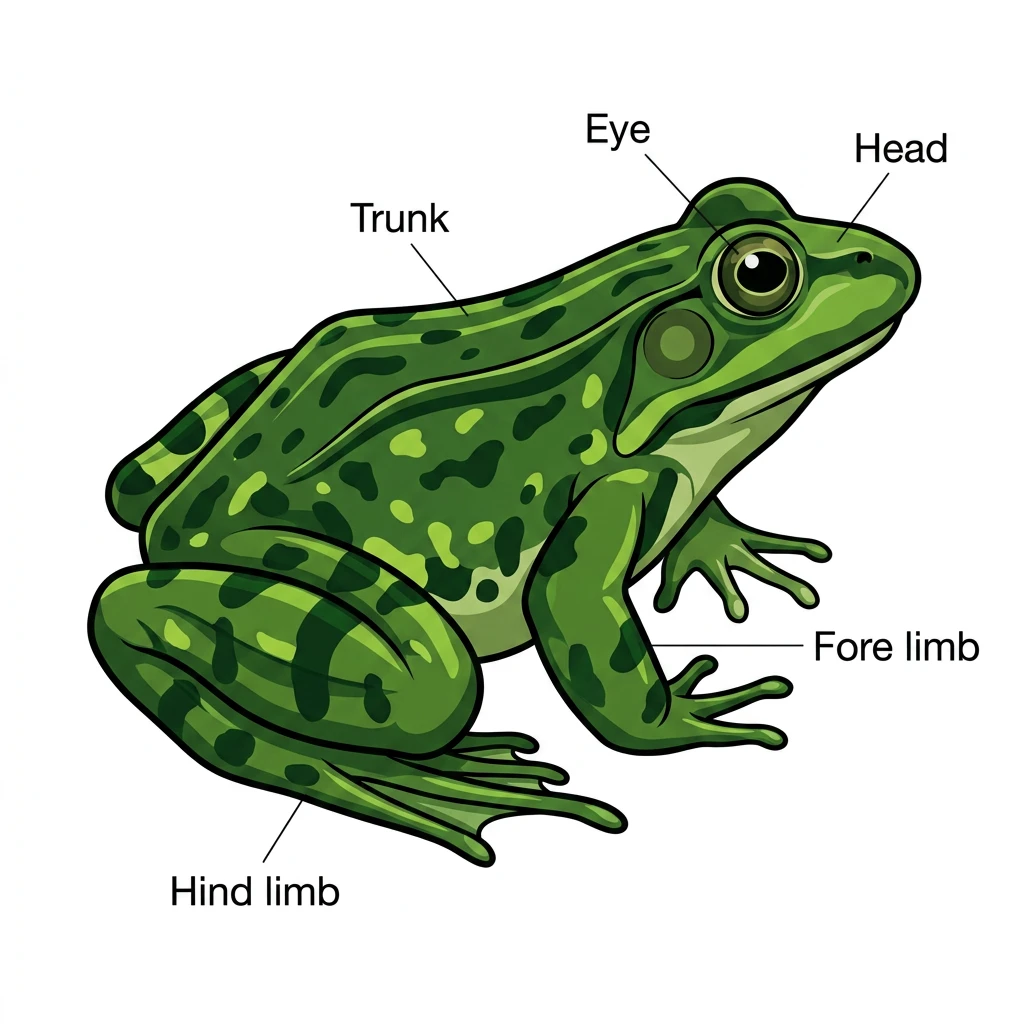 Diagram of the external features of a frog Rana tigrina detailing head, eye, trunk, forelimbs, and hindlimbs.