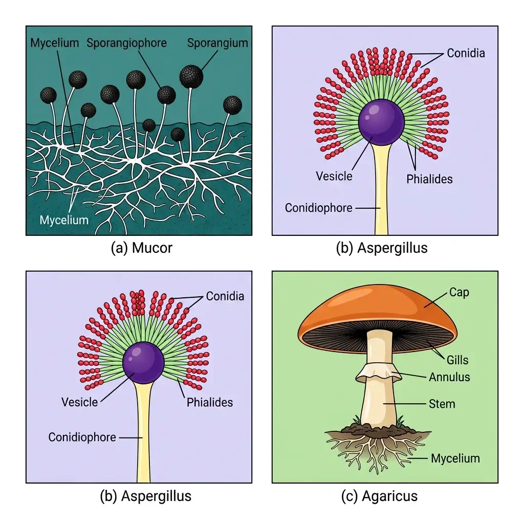 Three-panel illustration comparing fungi structures: Mucor hyphae network, Aspergillus conidiophore, and Agaricus mushroom.
