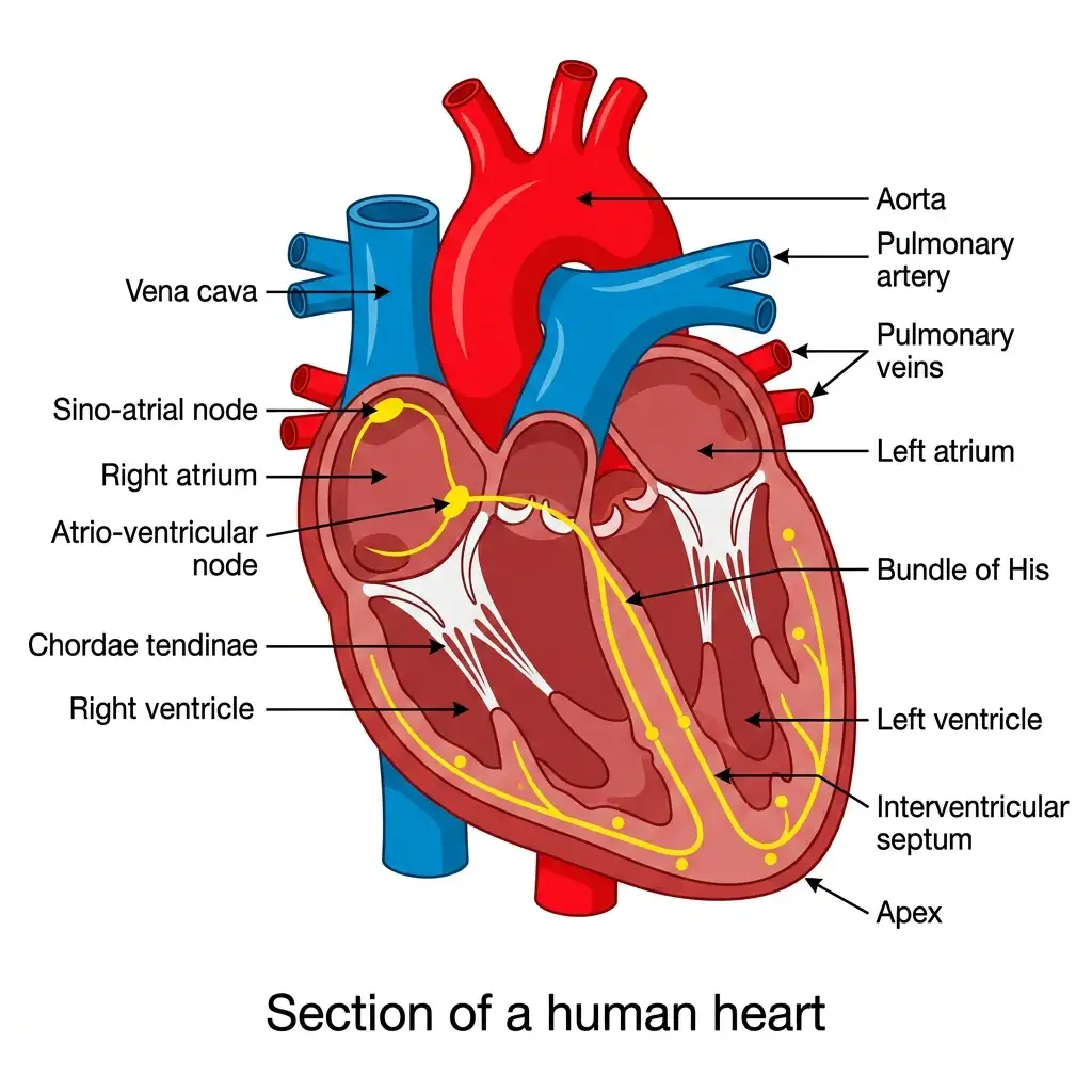 Anatomical cross-section diagram of a human heart with labeled chambers, valves, aorta, vena cava, and conduction system.