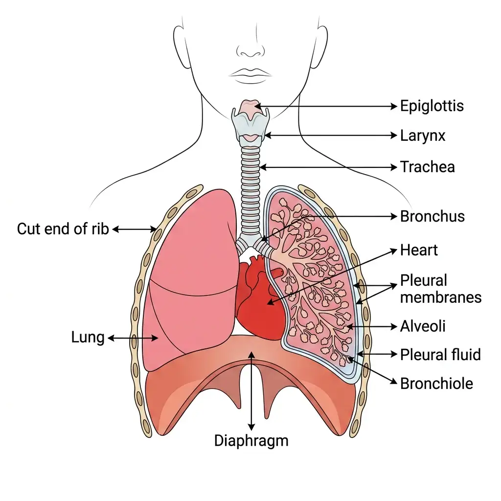Detailed human respiratory system vector diagram highlighting trachea, bronchial tree, lungs, heart, and diaphragm.