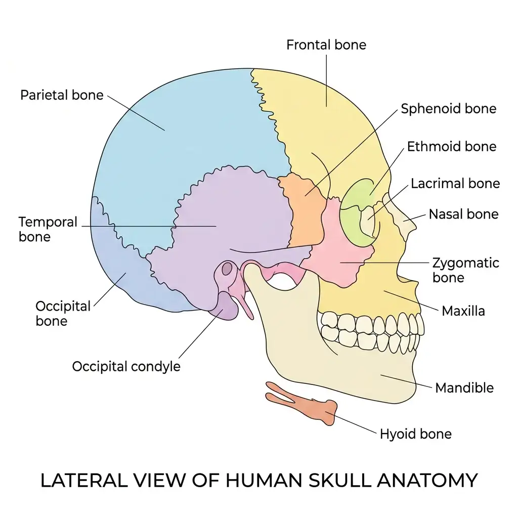 Anatomical diagram of the human skull from a lateral view, highlighting frontal, parietal, temporal, and facial bones.