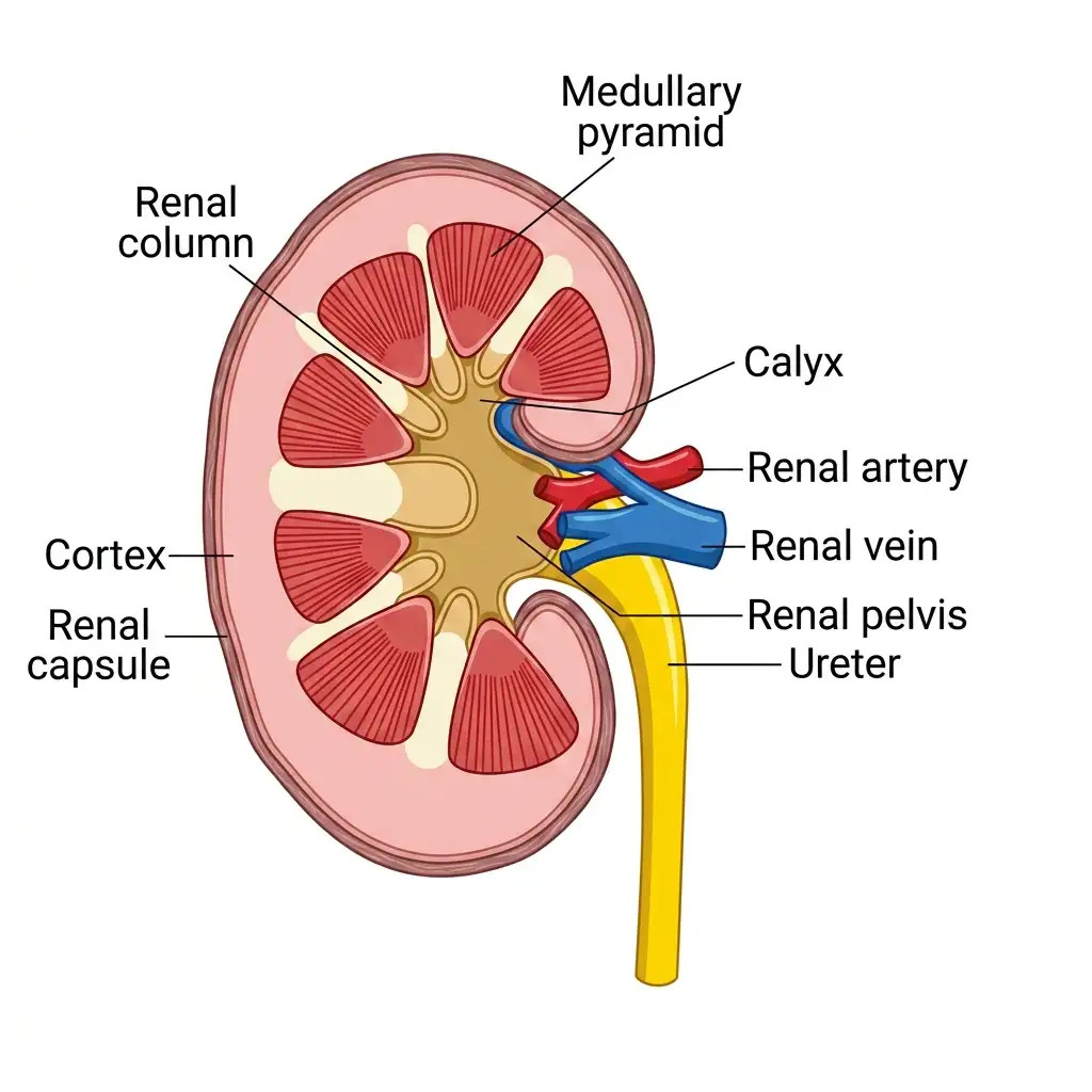 Longitudinal cross-section diagram of a human kidney detailing cortex, medullary pyramids, renal pelvis, calyx, and ureter.