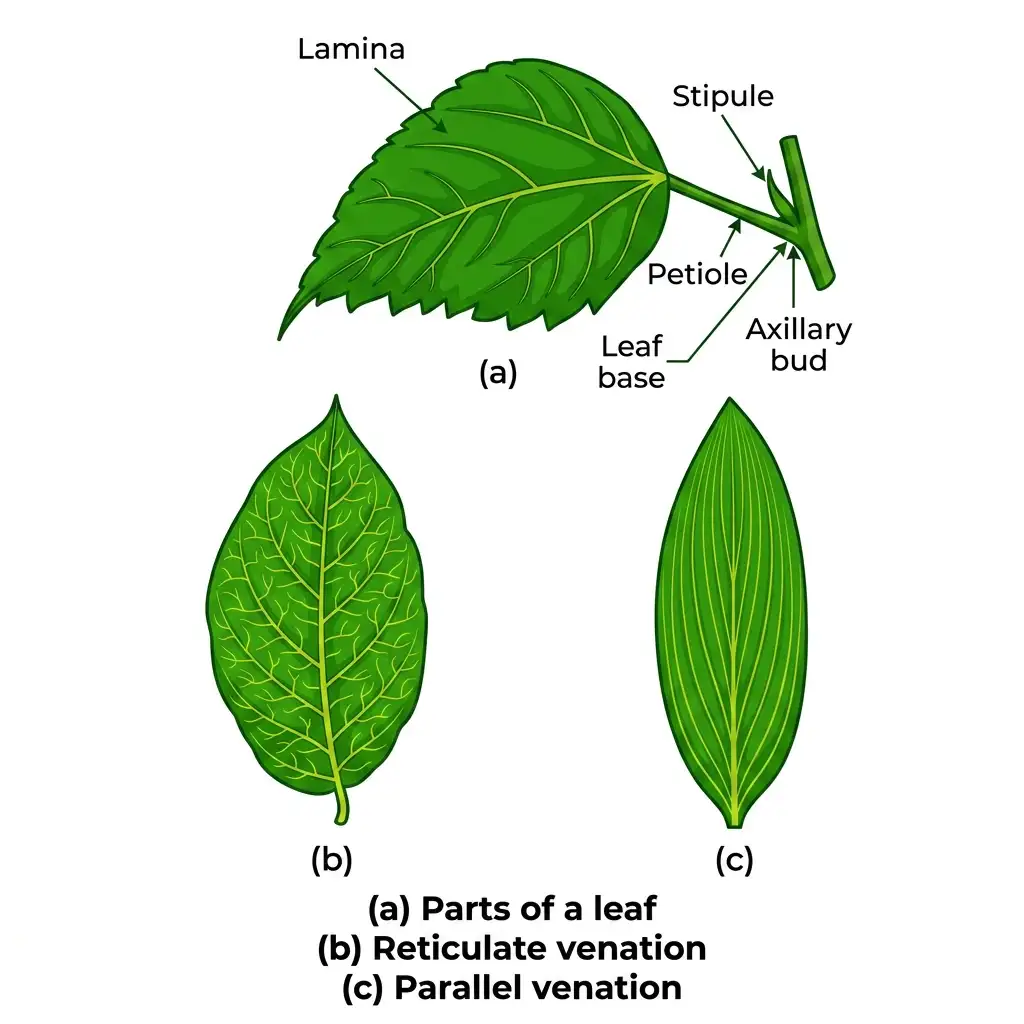 Vector leaf diagram showing (a) parts of a leaf: lamina, petiole, stipule, and comparison of (b) reticulate and (c) parallel venation.