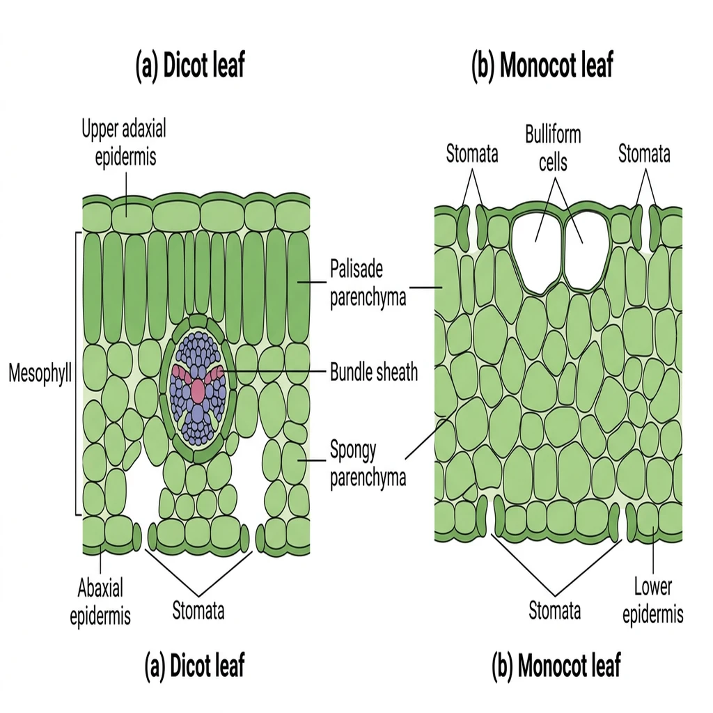 Transverse section leaf anatomy comparing (a) dorsiventral dicot leaf and (b) isobilateral monocot leaf with bundle sheaths.