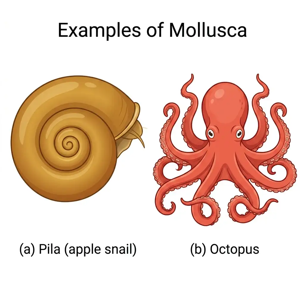 Vector diagram comparing Mollusca: (a) Pila apple snail with shell, and (b) Octopus with eight sucker-bearing arms.