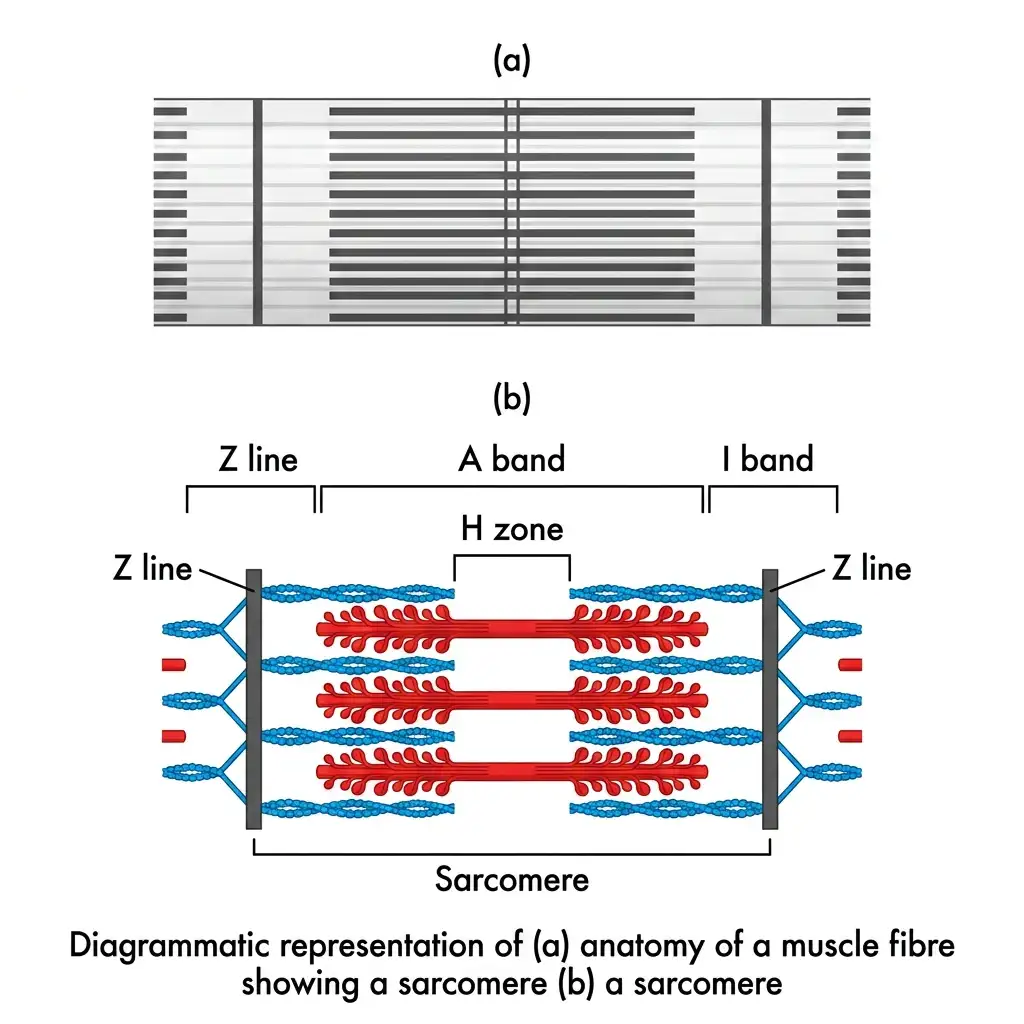 Diagram of a muscle fiber microanatomy and a sarcomere displaying the Z lines, A band, I band, and central H zone.