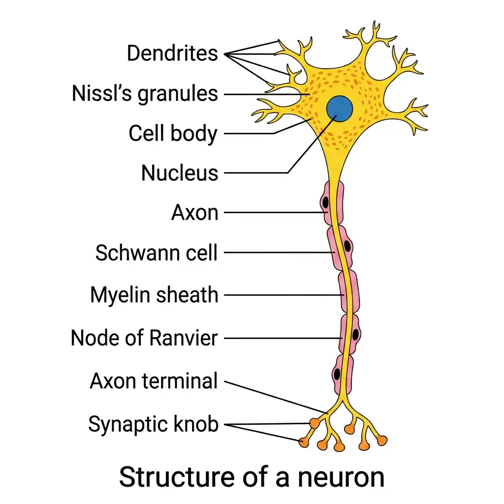 Detailed labeled biological diagram showing the structure of a multipolar neuron from dendrites to synaptic knobs.