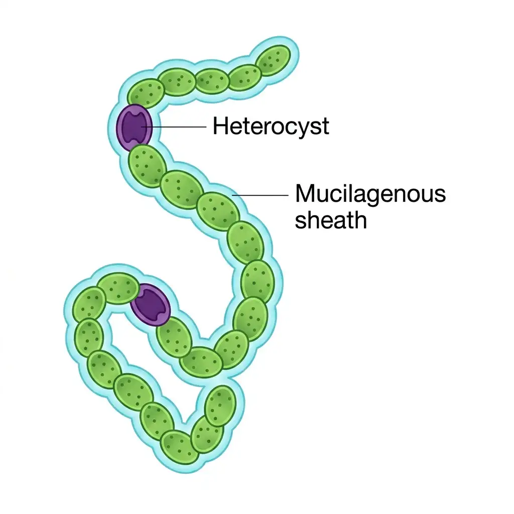 Detailed labeled diagram of filamentous blue-green algae Nostoc showing beaded cell strings wrapped in a mucilagenous sheath.