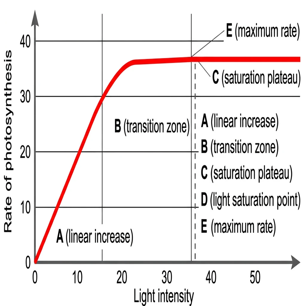 Sigmoid saturation curve graph showing the effect of light intensity on the rate of photosynthesis.