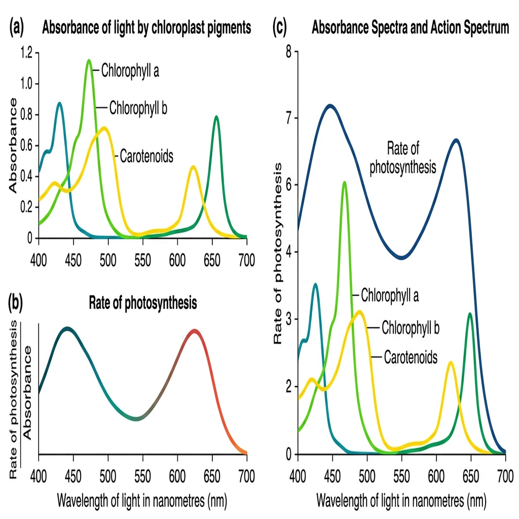 Three stacked graphs comparing absorption spectra of chlorophyll pigments with the action spectrum of photosynthesis.