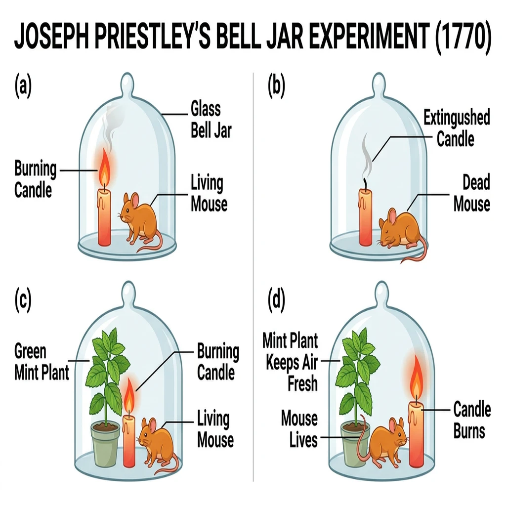 Four-step diagram of Joseph Priestley's bell jar experiment with a candle, mouse, and mint plant.