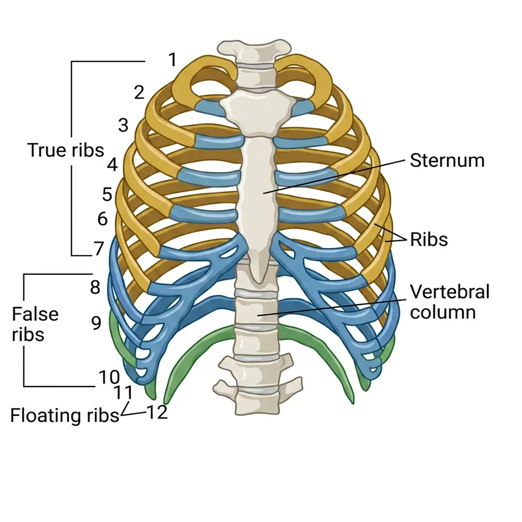 Detailed anatomical diagram of the human rib cage showing sternum, ribs, vertebral column, true, false, and floating ribs.