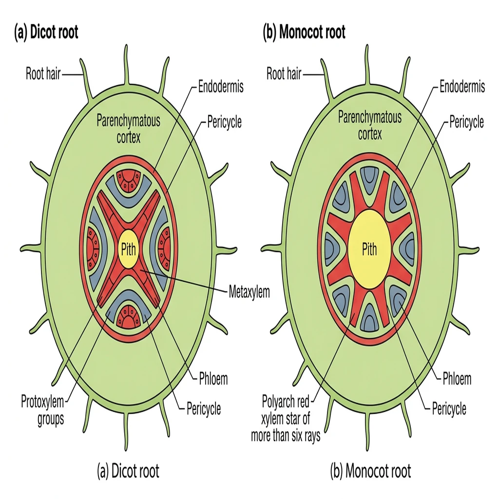 Detailed transverse section anatomy comparing (a) primary dicot root with radial xylem and (b) monocot root with polyarch xylem.