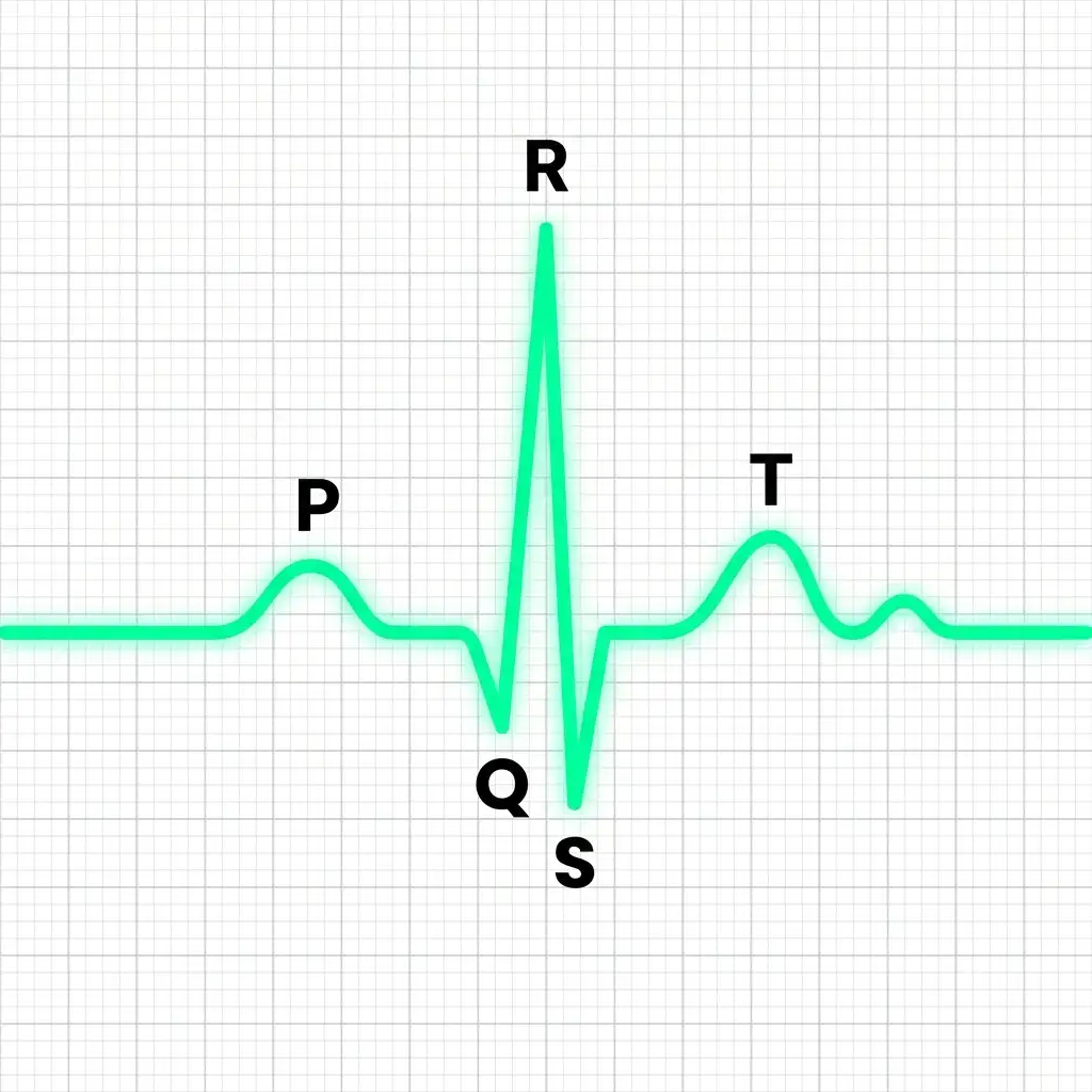 Standard ECG wave diagram displaying the P, Q, R, S, and T waves on a clean background.