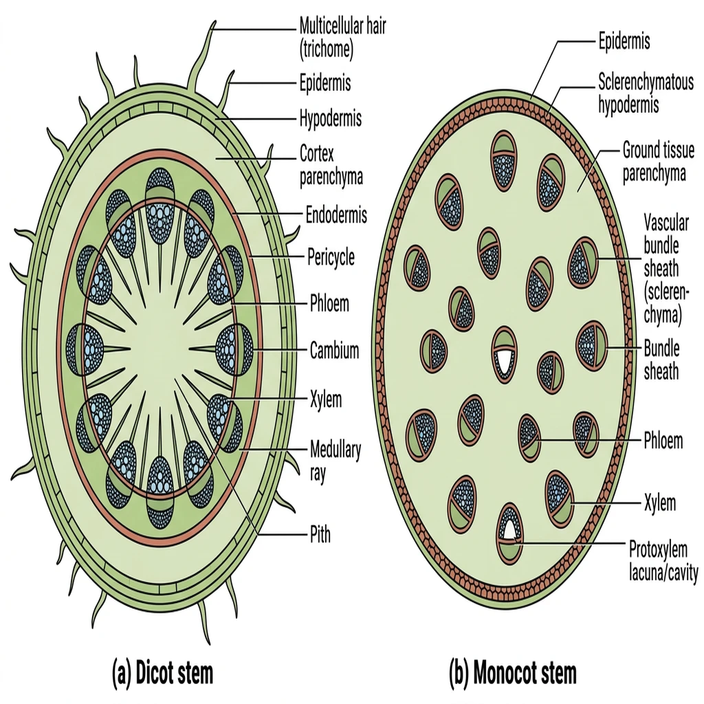 Detailed transverse section anatomy comparing (a) dicot stem with ringed vascular bundles and (b) monocot stem with scattered bundles.