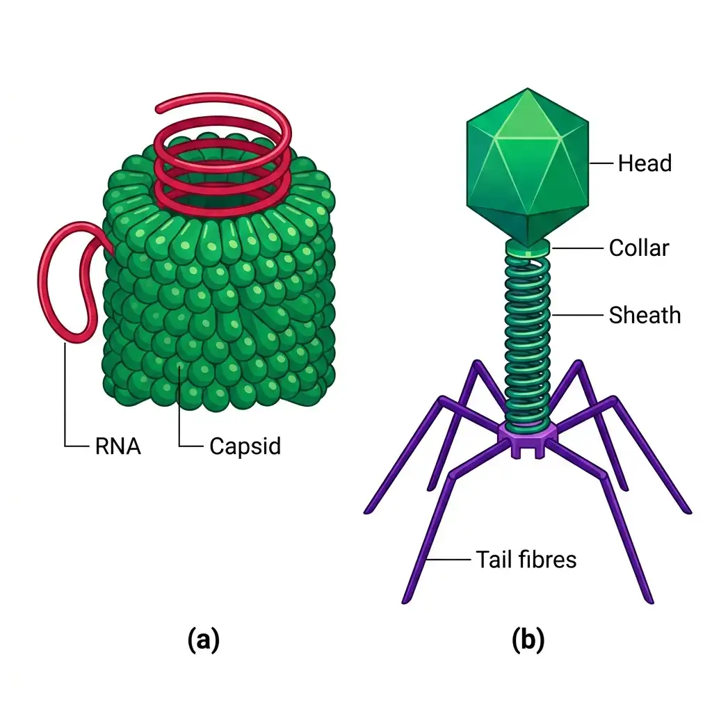 Detailed labeled diagram of viral structures: Tobacco Mosaic Virus (TMV) with RNA and capsomeres, and a T4 Bacteriophage.